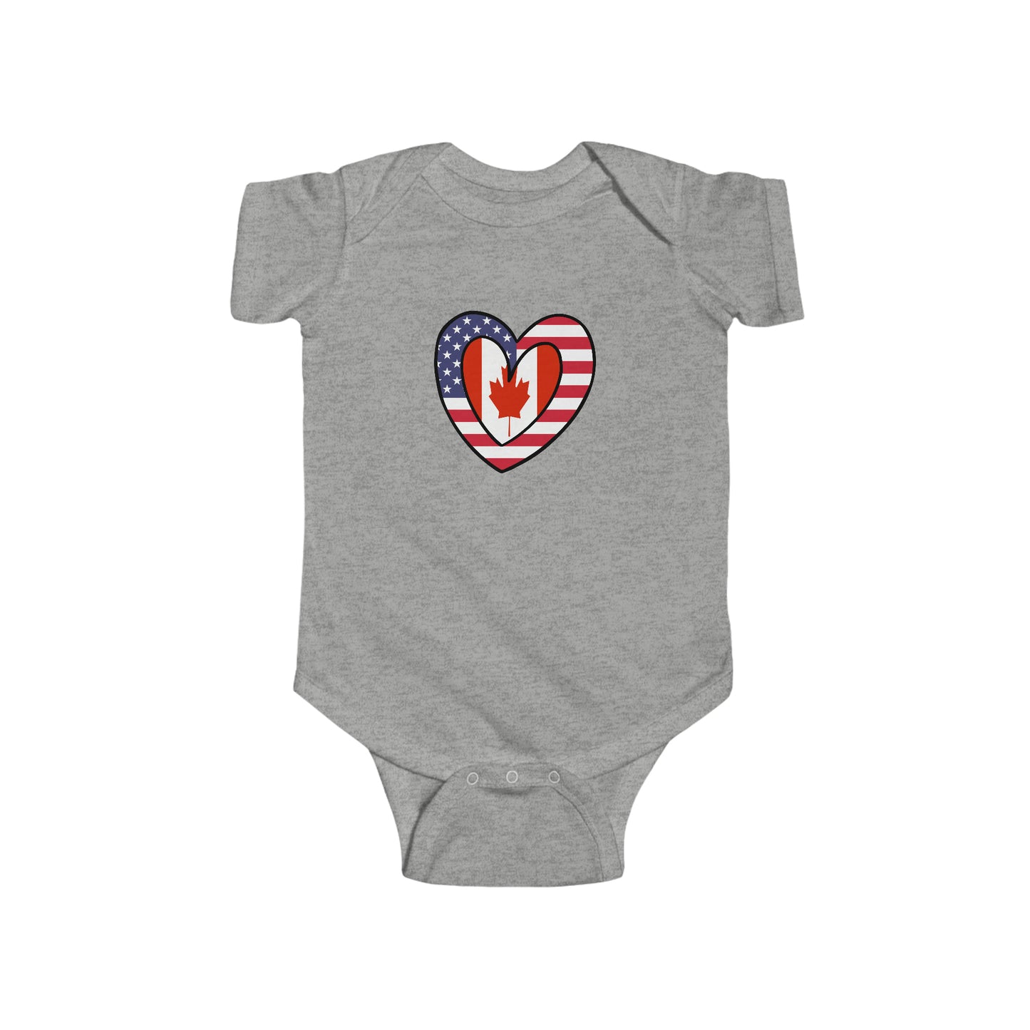 Canadian American Heart Valentines Day Gift Half Canada USA Flag Baby Bodysuit | Newborn Boy Girl