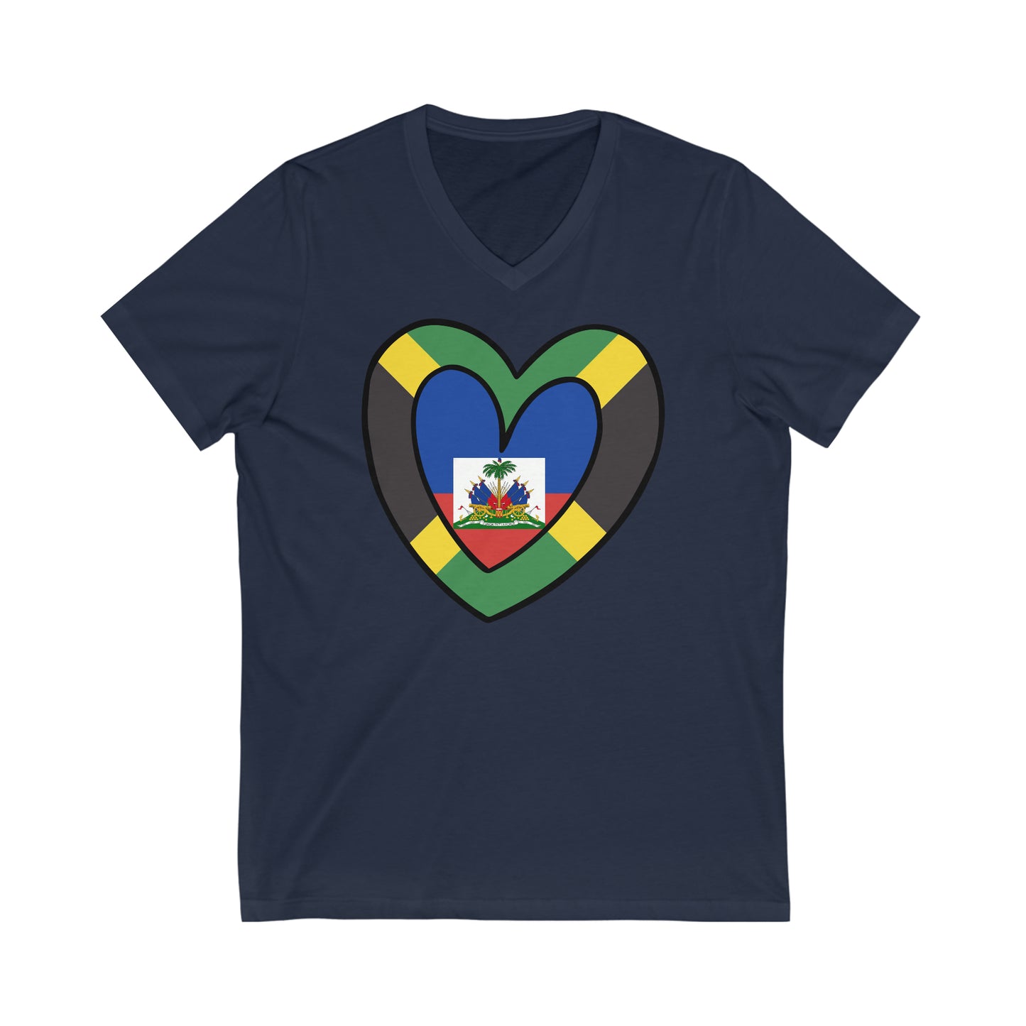 Jamaican Haitian Flag Inner Heart Jamaica Haiti  V-Neck T-Shirt | Unisex Vee Shirt