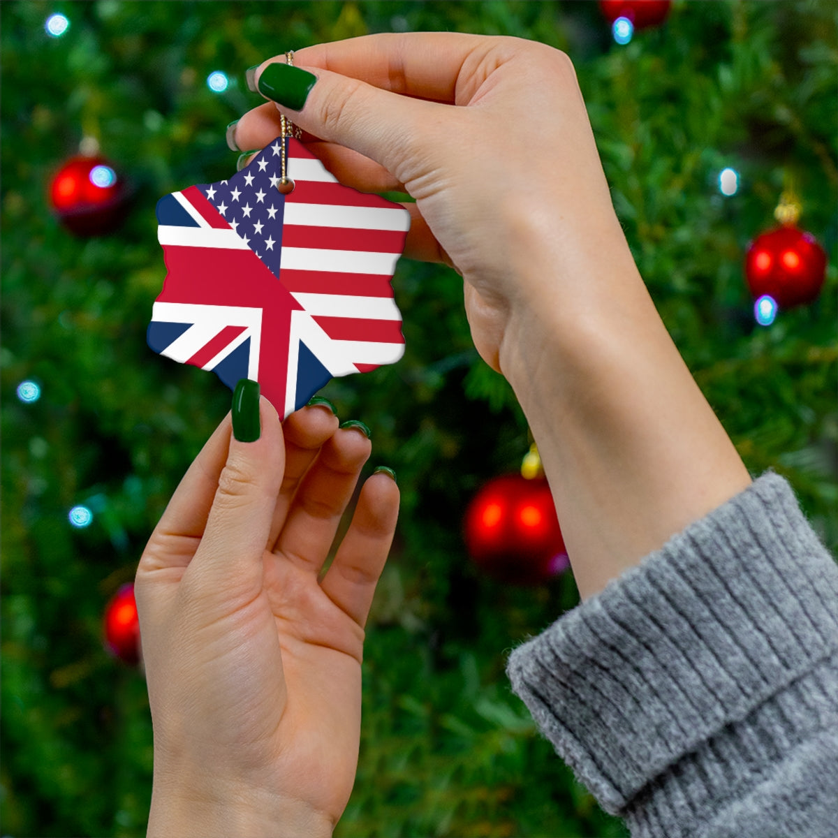 UK American Flag Ceramic Ornaments | United Kingdom USA Holiday Christmas Tree