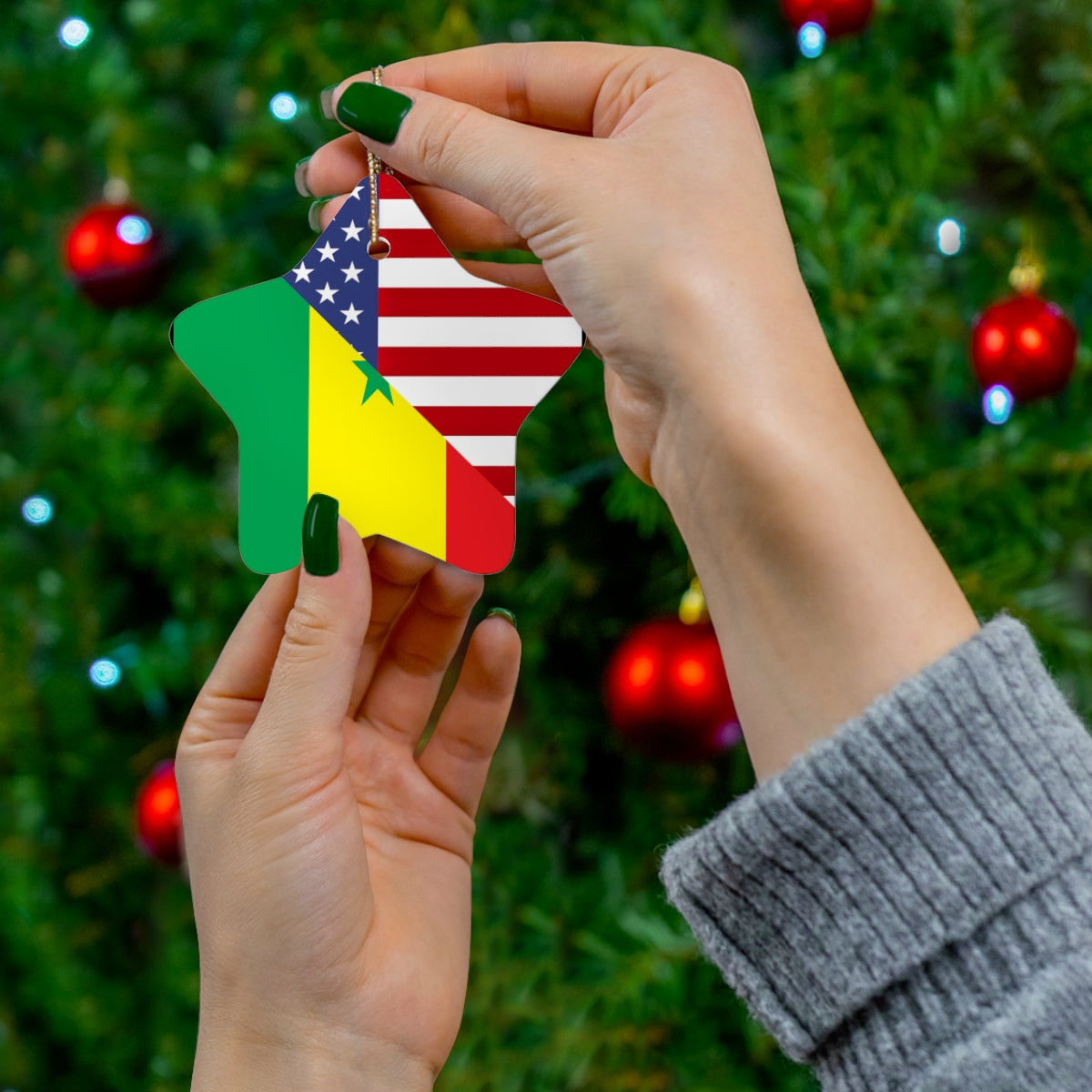 Senegal American Flag Ceramic Ornament | Senegalese USA Christmas Tree