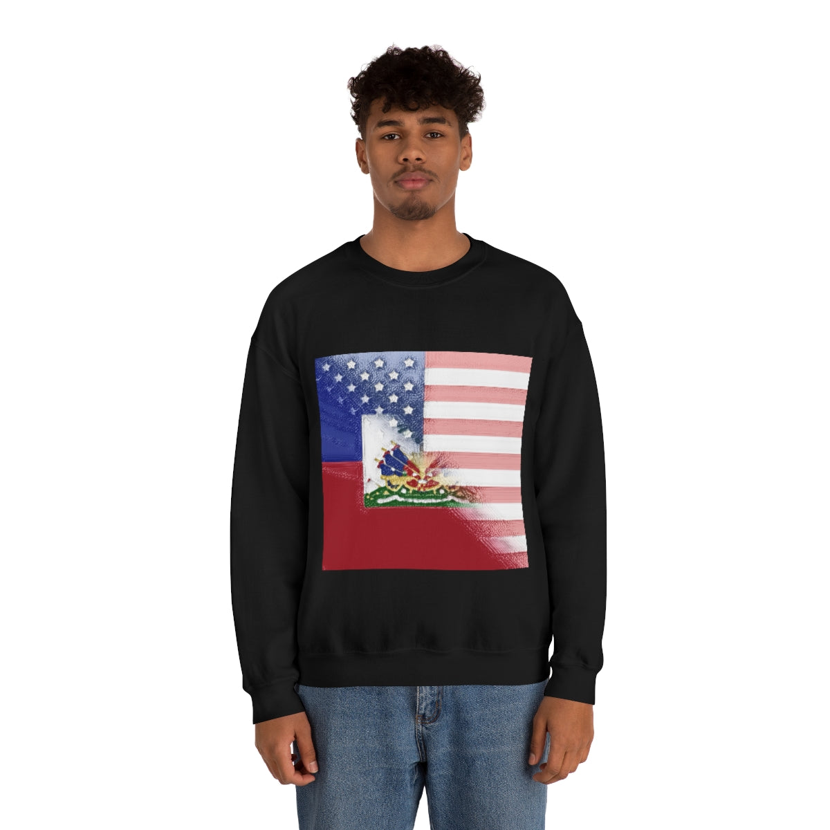 Half Haitian-American Flag Crewneck Sweatshirt | Haiti Ayiti USA