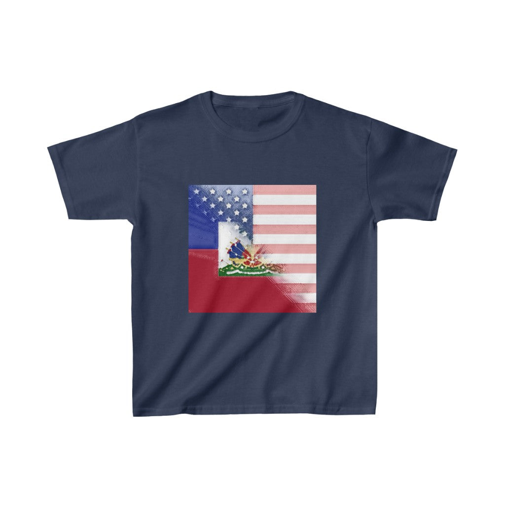 Kids Haiti America Flag Painted | Half Haitian American Flag T-Shirt | Unisex Tee Shirt