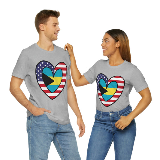 Bahamian American Heart Valentines Day Gift Tee Shirt | Half Bahamas USA Flag T-Shirt