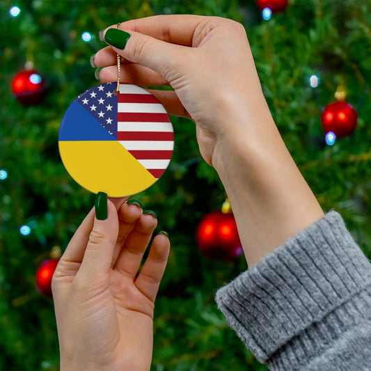 Ukraine American Flag Ceramic Ornaments | Ukrainian USA Holiday Christmas Tree