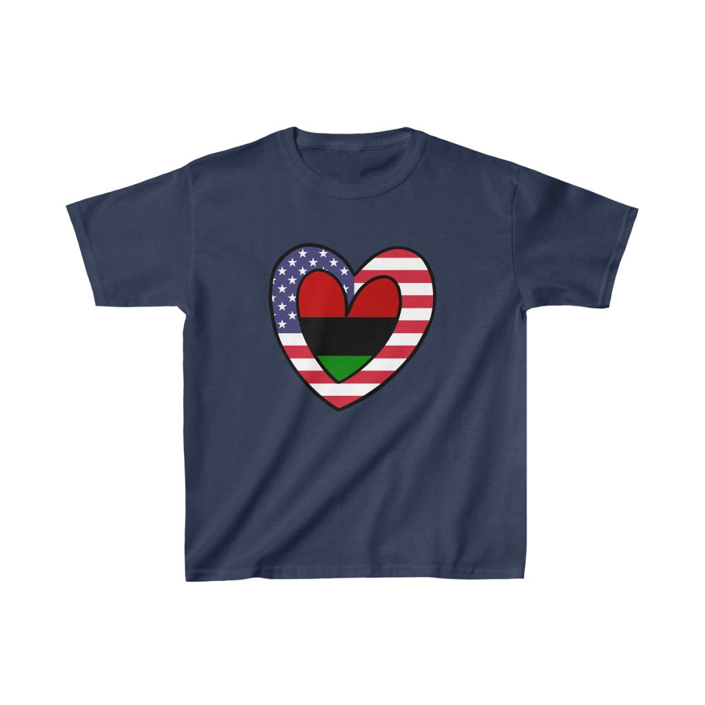 Kids American Pan African Flag Inner Heart USA Black T-Shirt | Unisex Tee Shirt