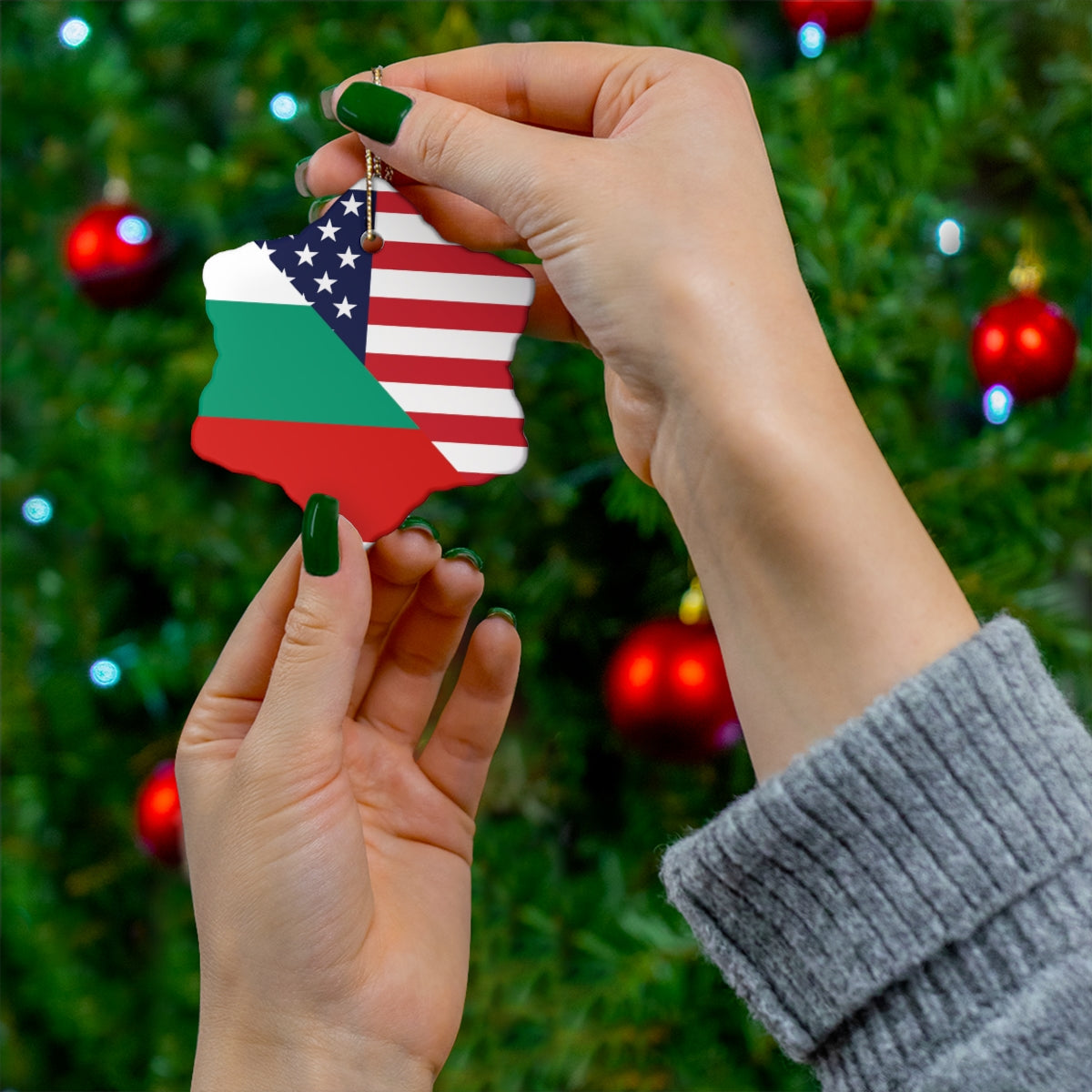 Bulgaria American Flag Ceramic Ornaments | Bulgarian USA Holiday Christmas Tree