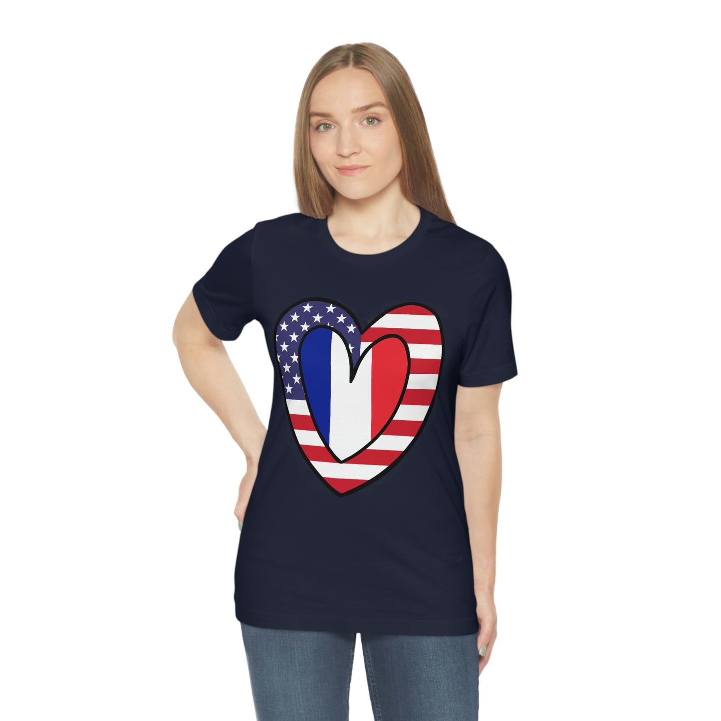 French American Heart Valentines Day Gift Tee Shirt | Half France USA Flag T-Shirt