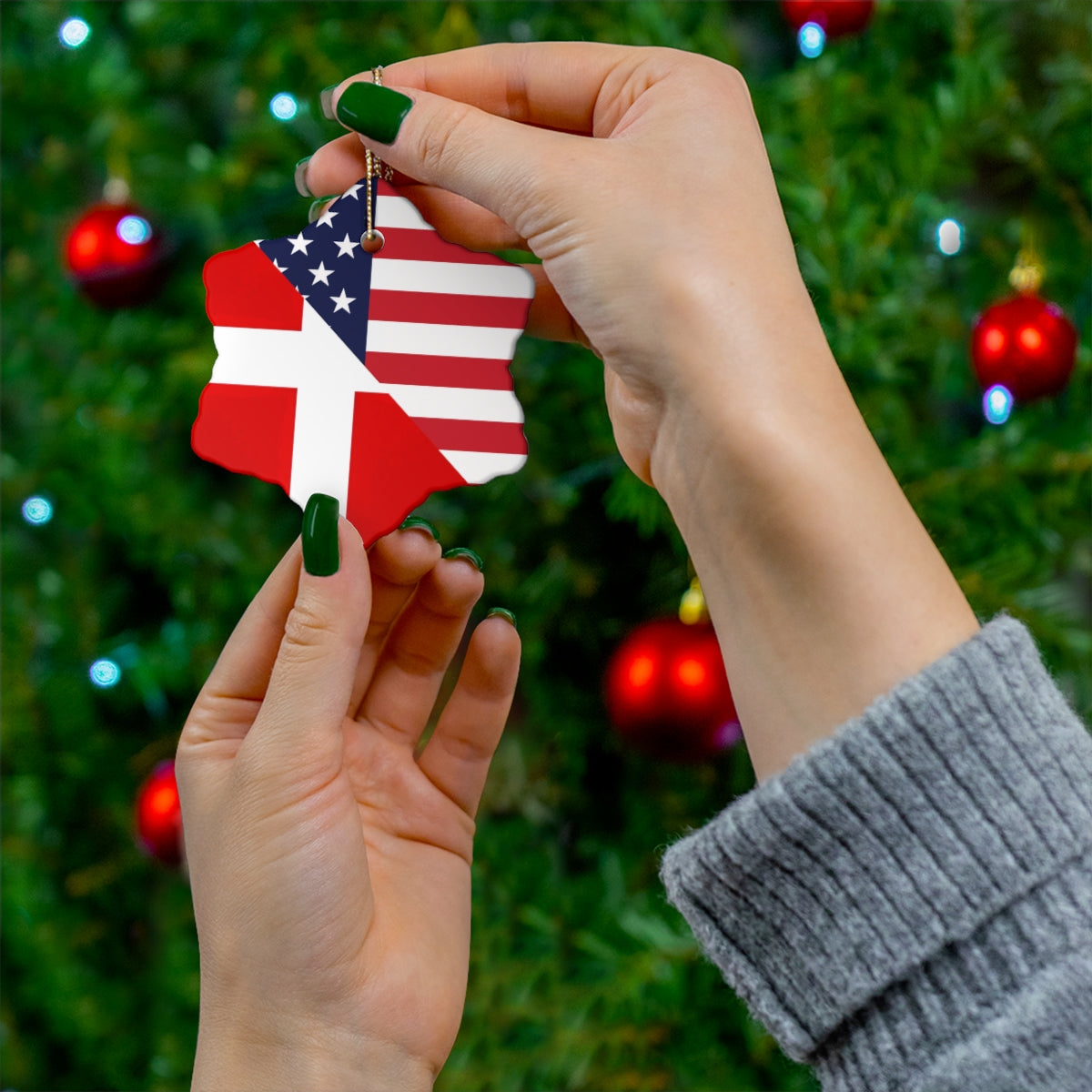 Danish American Flag Ceramic Ornaments | Denmark USA Holiday Christmas Tree