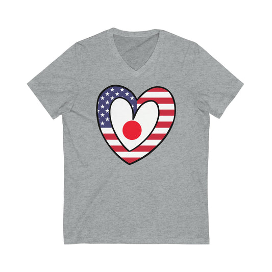 Japanese American Heart Valentines Day Gift Half Japan USA Flag V-Neck T-Shirt | Unisex Vee Shirt