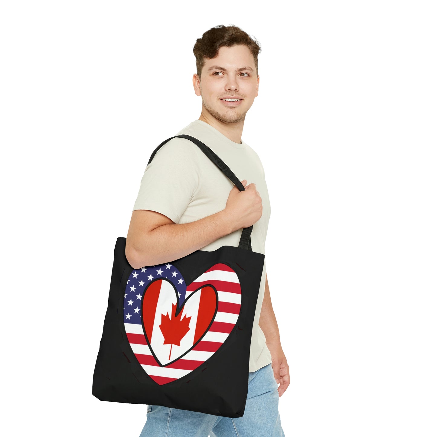 Canadian American Heart Valentines Day Gift Half Canada USA Flag Tote Bag | Shoulder Bag