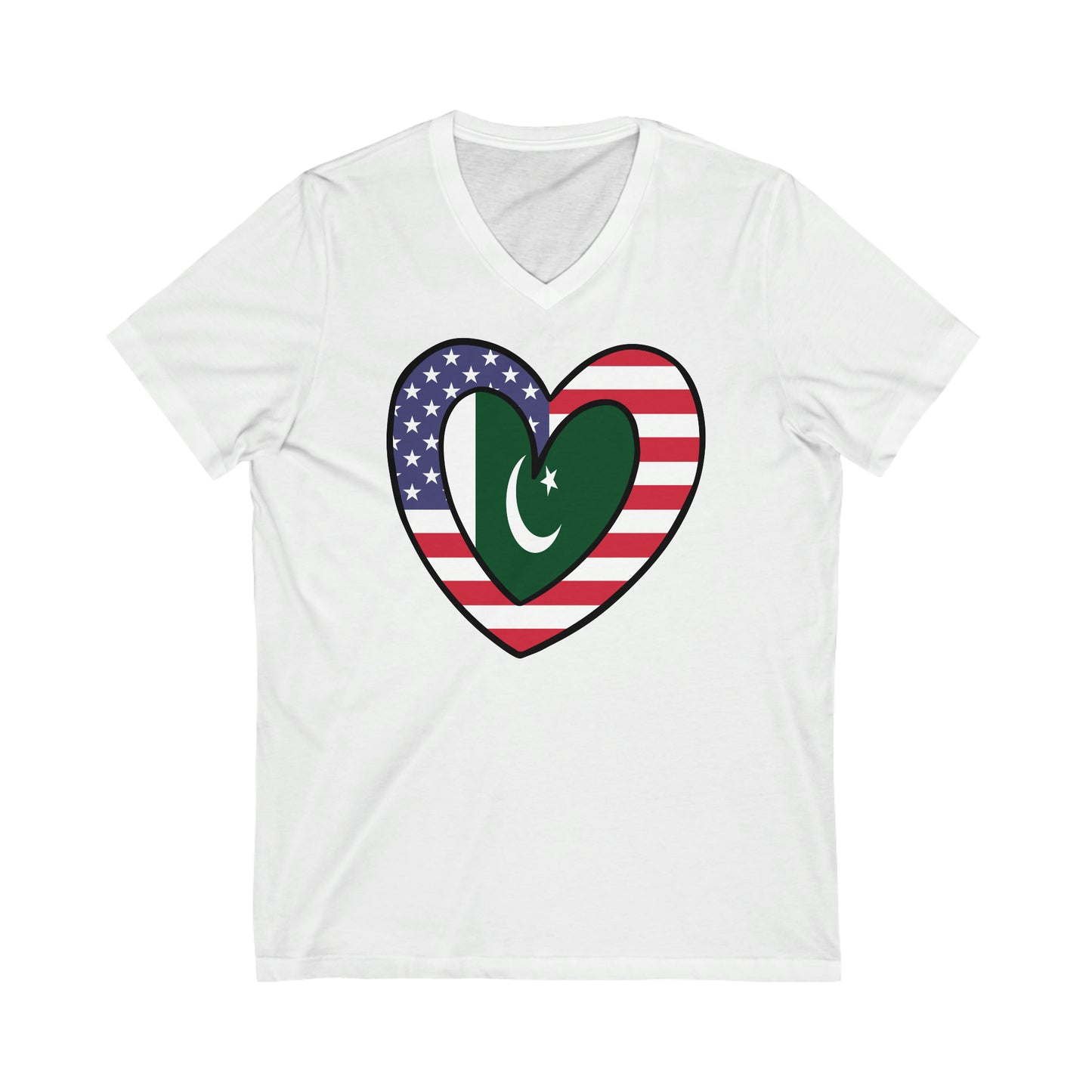 Pakistani American Heart Valentines Day Gift Half Pakistan USA Flag V-Neck T-Shirt | Unisex Vee Shirt