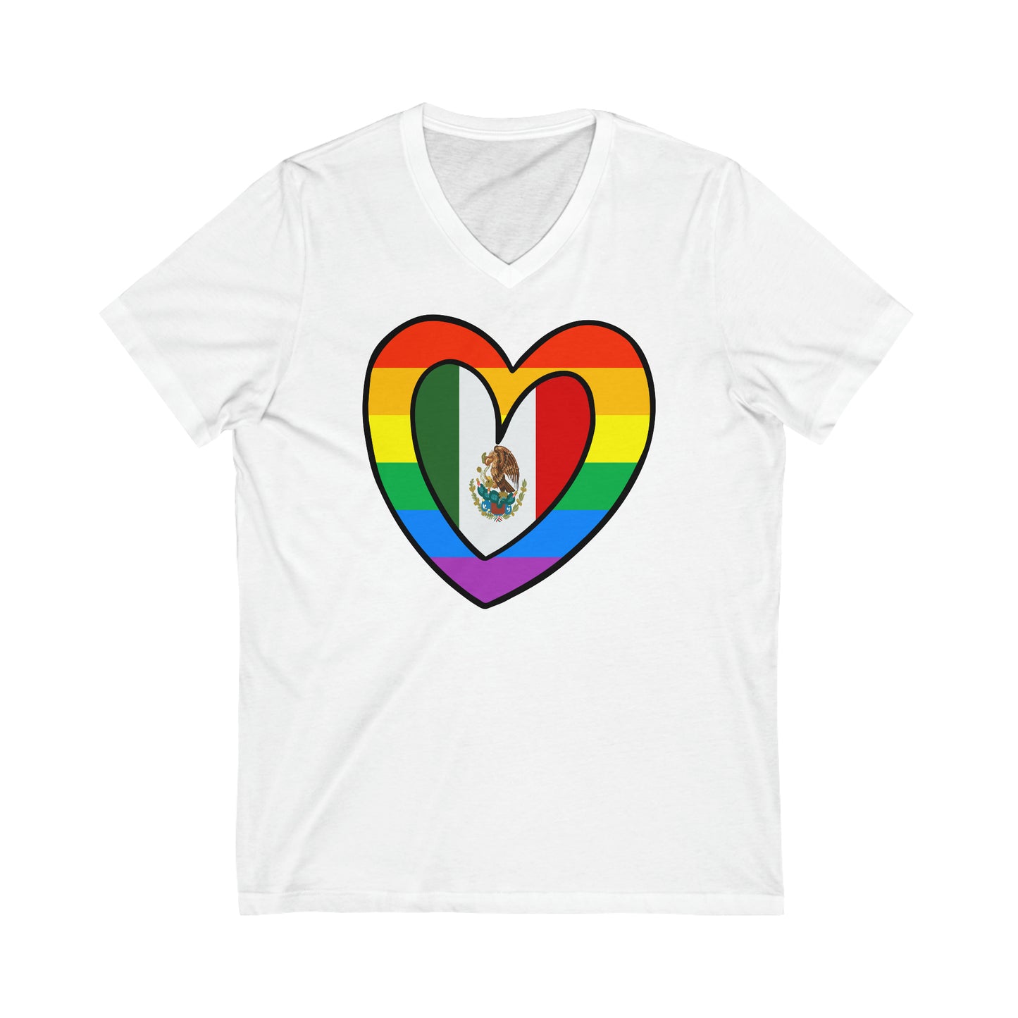 Mexican Rainbow Flag Heart Mexico Pride Parade V-Neck T-Shirt | Unisex Vee Shirt