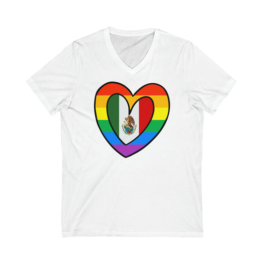 Mexican Rainbow Flag Heart Mexico Pride Parade V-Neck T-Shirt | Unisex Vee Shirt