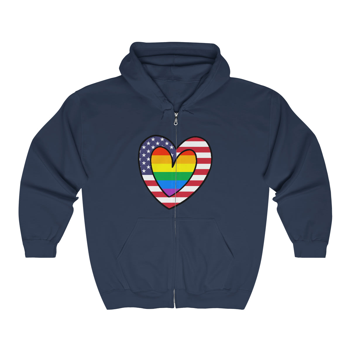 Rainbow American Flag Heart Pride Parade Zip Hoodie | Hooded Sweatshirt