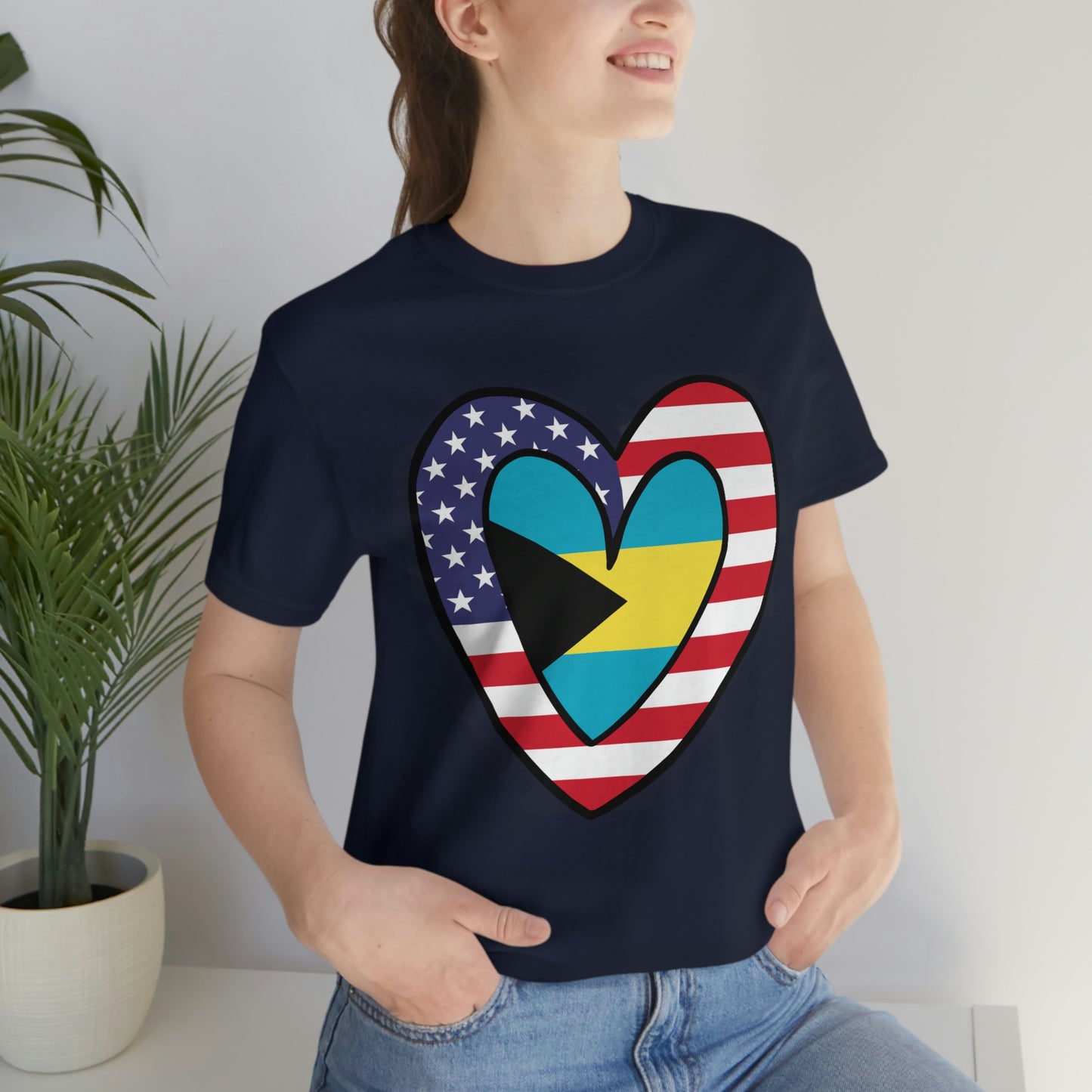 Bahamian American Heart Valentines Day Gift Tee Shirt | Half Bahamas USA Flag T-Shirt