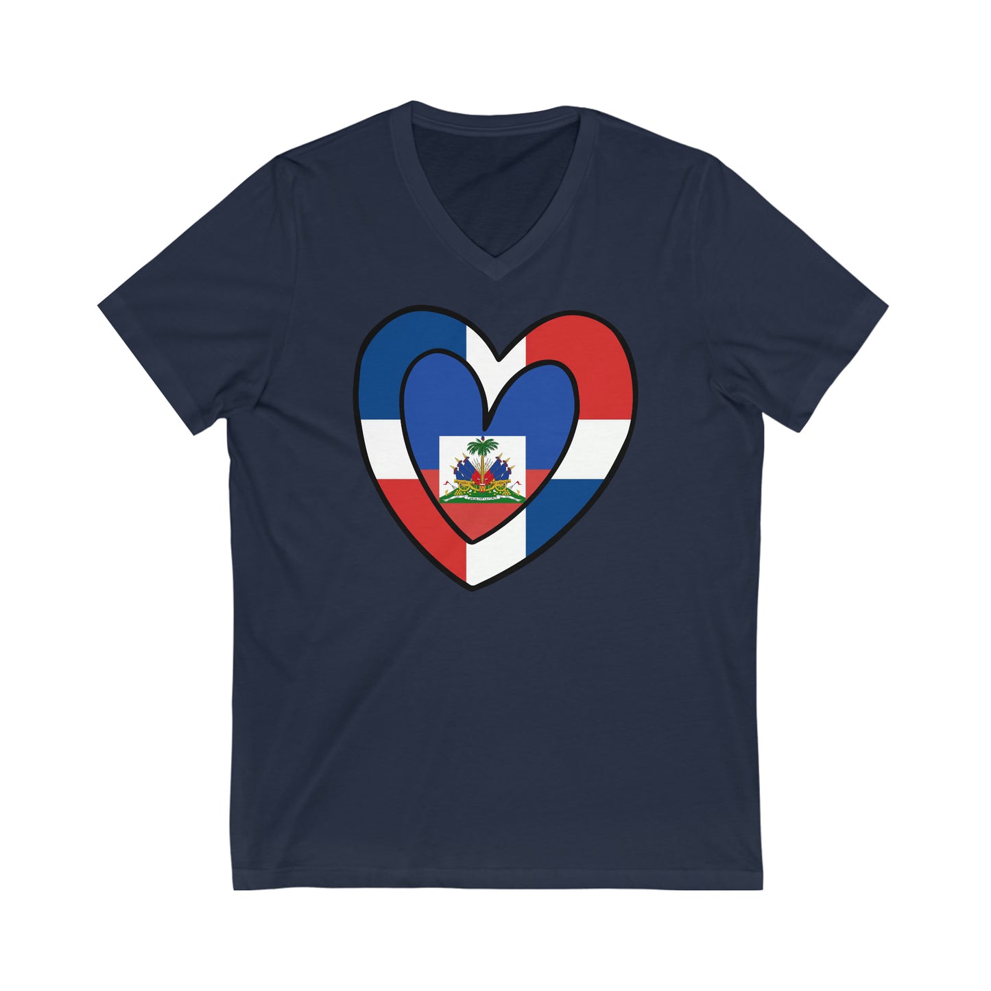 Dominican Haitian Flag Inner Heart DR Republic Haiti  V-Neck T-Shirt | Unisex Vee Shirt