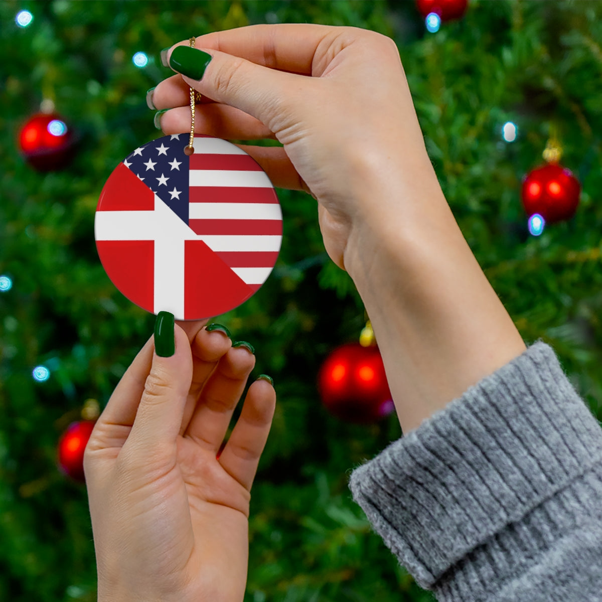 Danish American Flag Ceramic Ornaments | Denmark USA Holiday Christmas Tree