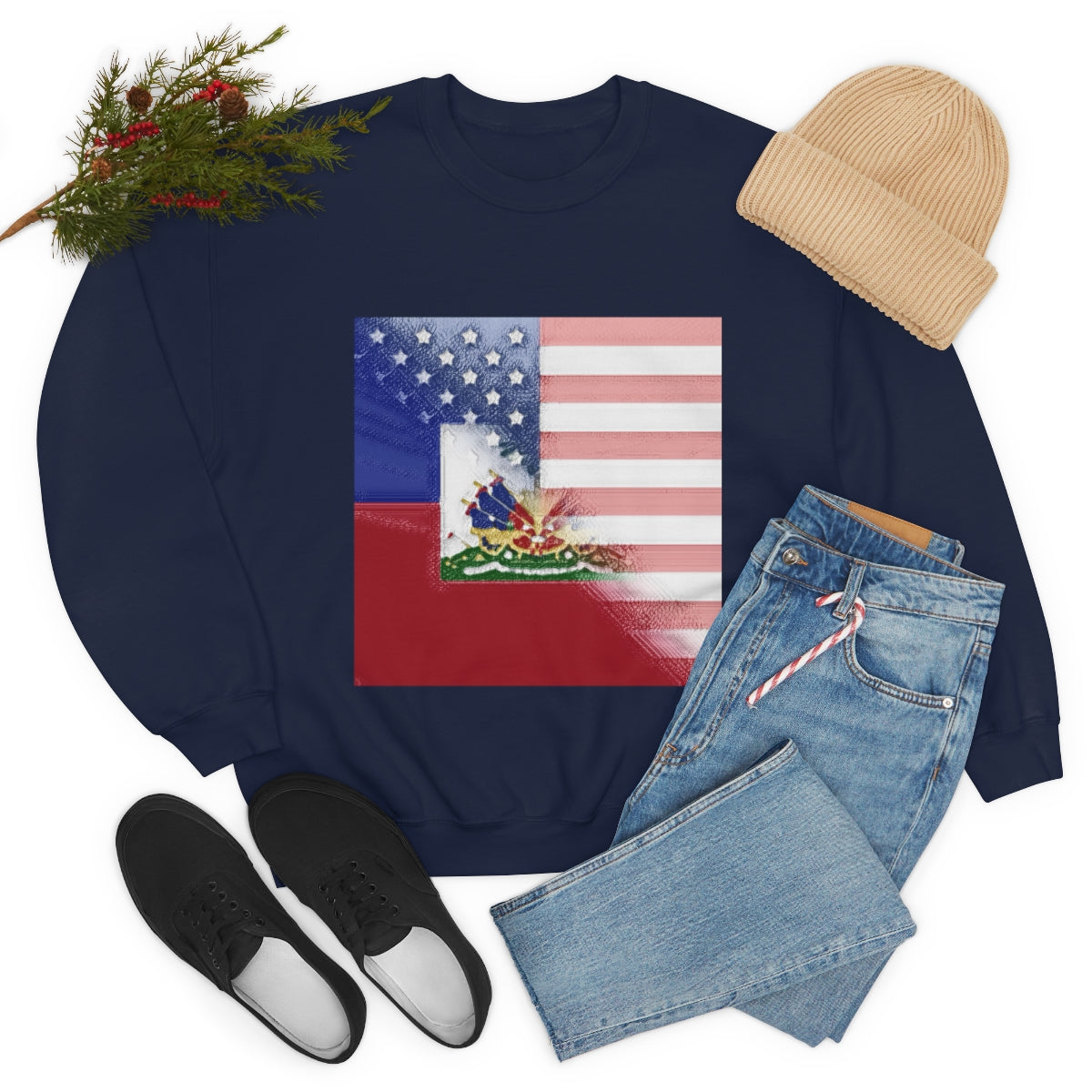 Half Haitian-American Flag Crewneck Sweatshirt | Haiti Ayiti USA