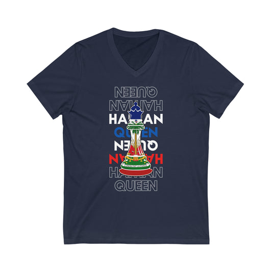 Haitian Queen Chess Piece Text | Haiti Flag V-Neck T-Shirt | Unisex Vee Shirt