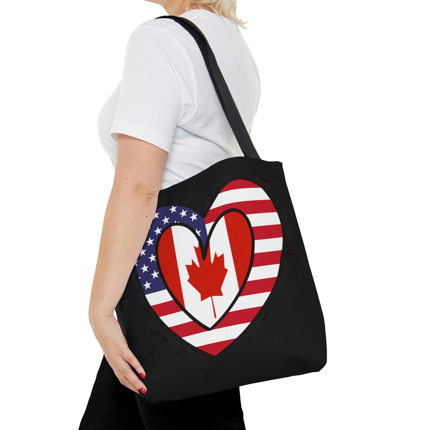 Canadian American Heart Valentines Day Gift Half Canada USA Flag Tote Bag | Shoulder Bag