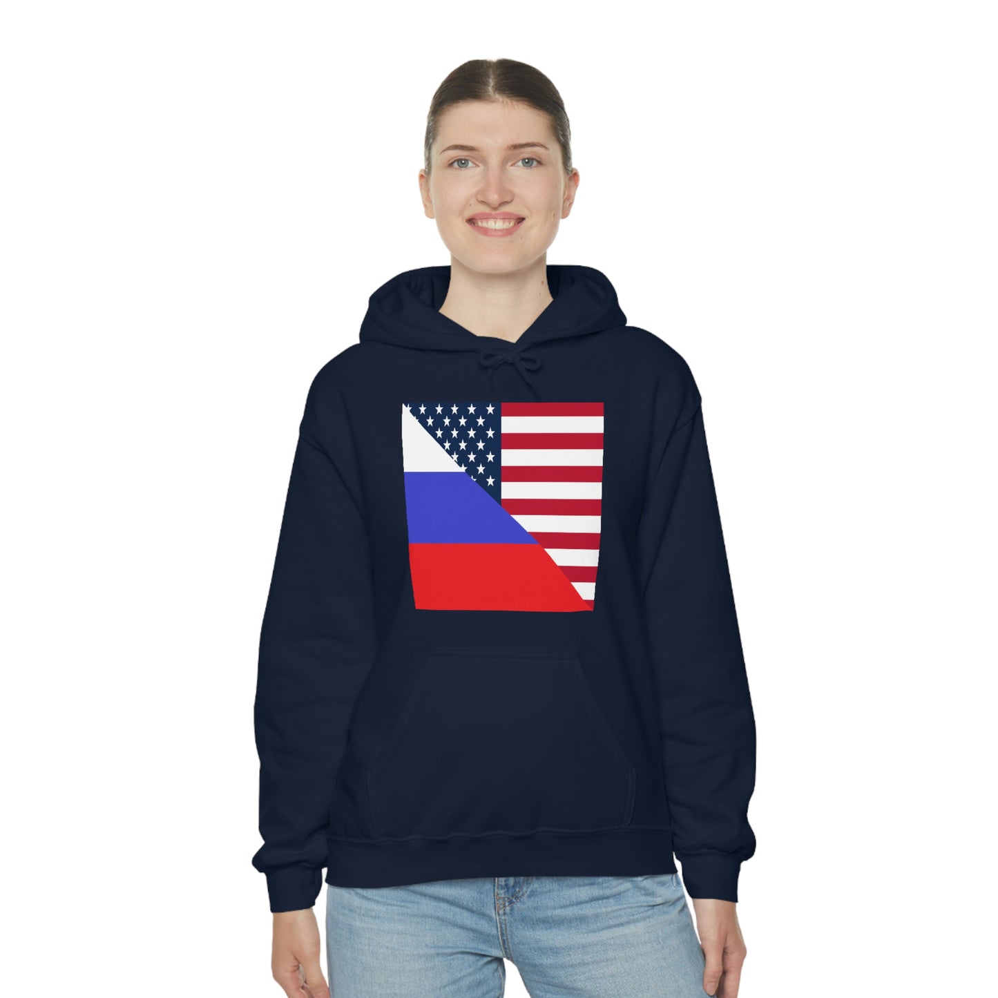Russian American Flag Half Russia USA Hoodie | Unisex Pullover Hooded Sweatshirt