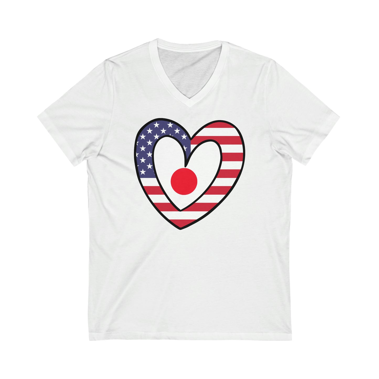 Japanese American Heart Valentines Day Gift Half Japan USA Flag V-Neck T-Shirt | Unisex Vee Shirt