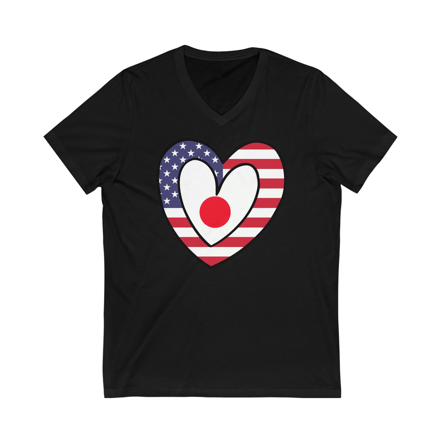 Japanese American Heart Valentines Day Gift Half Japan USA Flag V-Neck T-Shirt | Unisex Vee Shirt