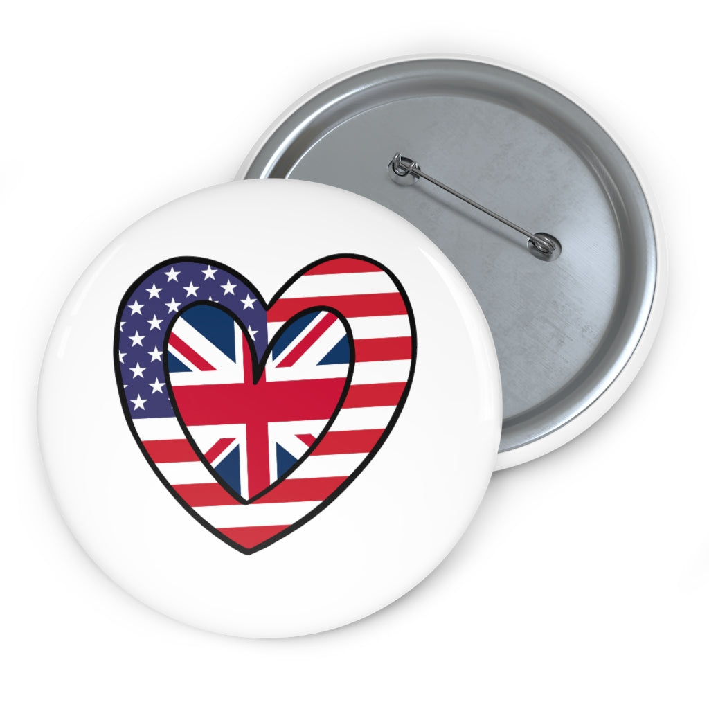 American United Kingdom Flag Inner Heart Pin Button | UK USA