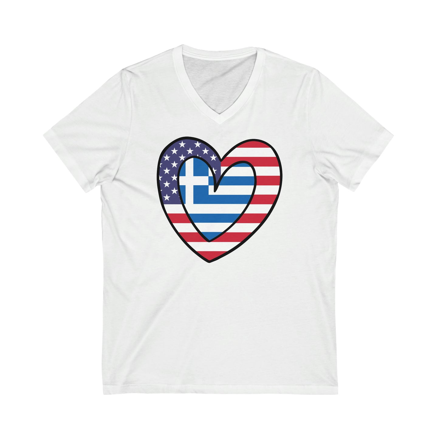 Greek American Heart Valentines Day Gift Half Greece USA Flag V-Neck T-Shirt | Unisex Vee Shirt