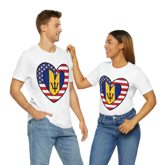 Bajan American Heart Valentines Day Gift Tee Shirt | Half Barbados USA Flag T-Shirt