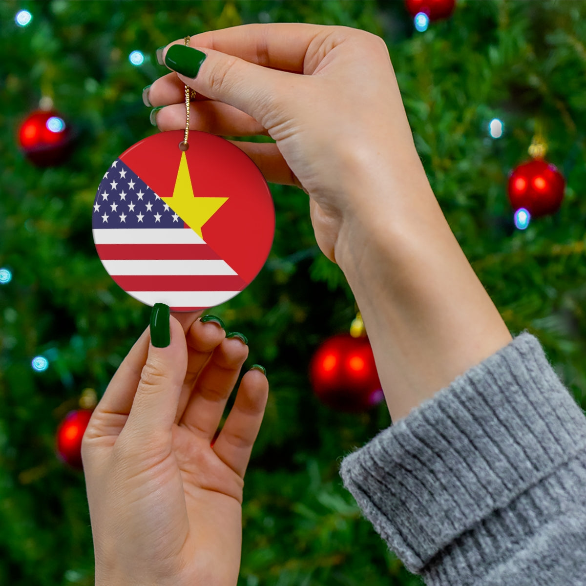 Vietnamese American Flag Ceramic Ornaments | Vietnam USA Holiday Christmas Tree