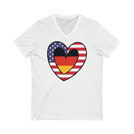 German American Heart Valentines Day Gift Half Germany USA Flag V-Neck T-Shirt | Unisex Vee Shirt