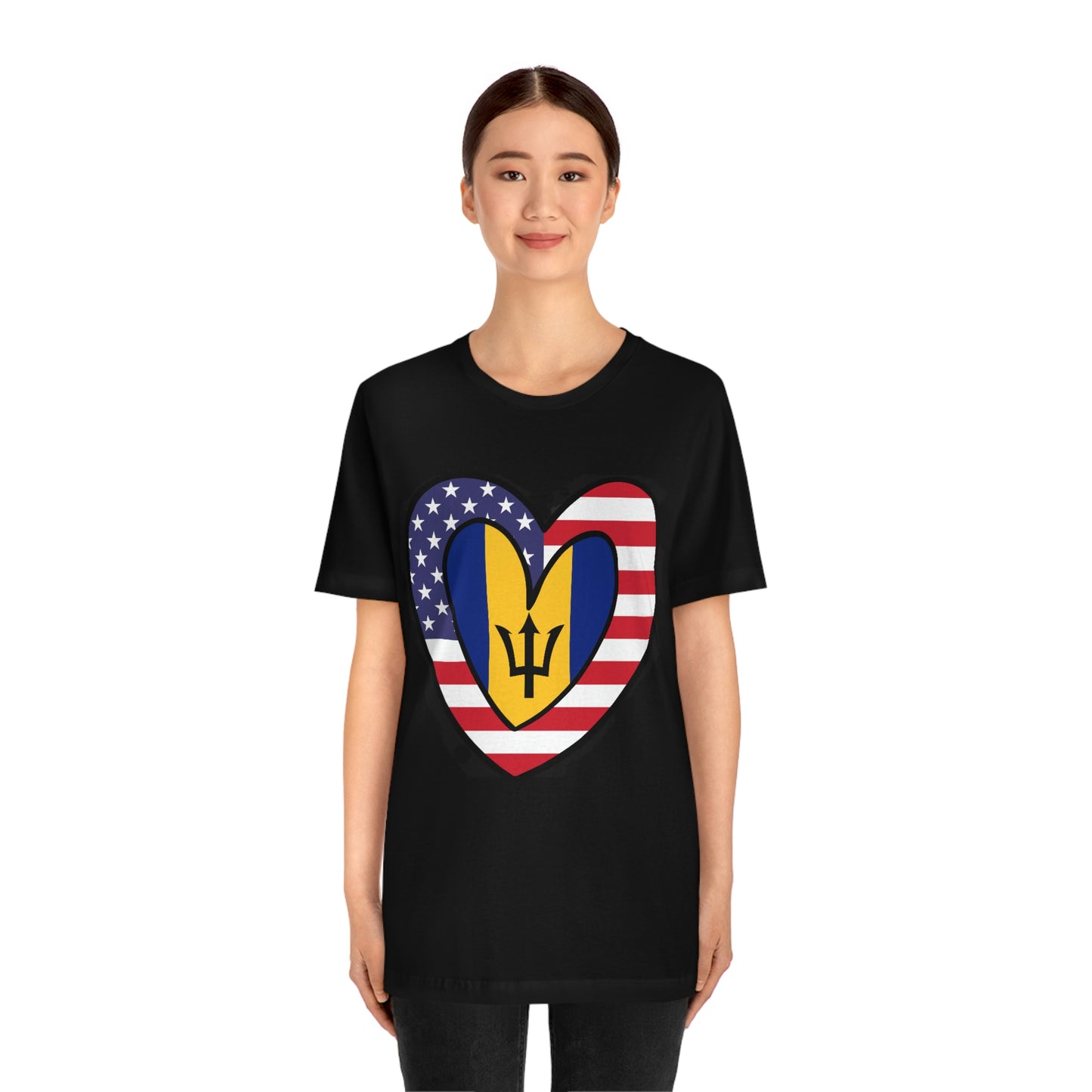 Bajan American Heart Valentines Day Gift Tee Shirt | Half Barbados USA Flag T-Shirt