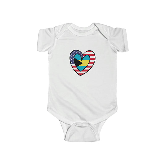 Bahamas American Heart Valentines Day Gift Half Bahamian USA Flag Baby Bodysuit | Newborn Boy Girl