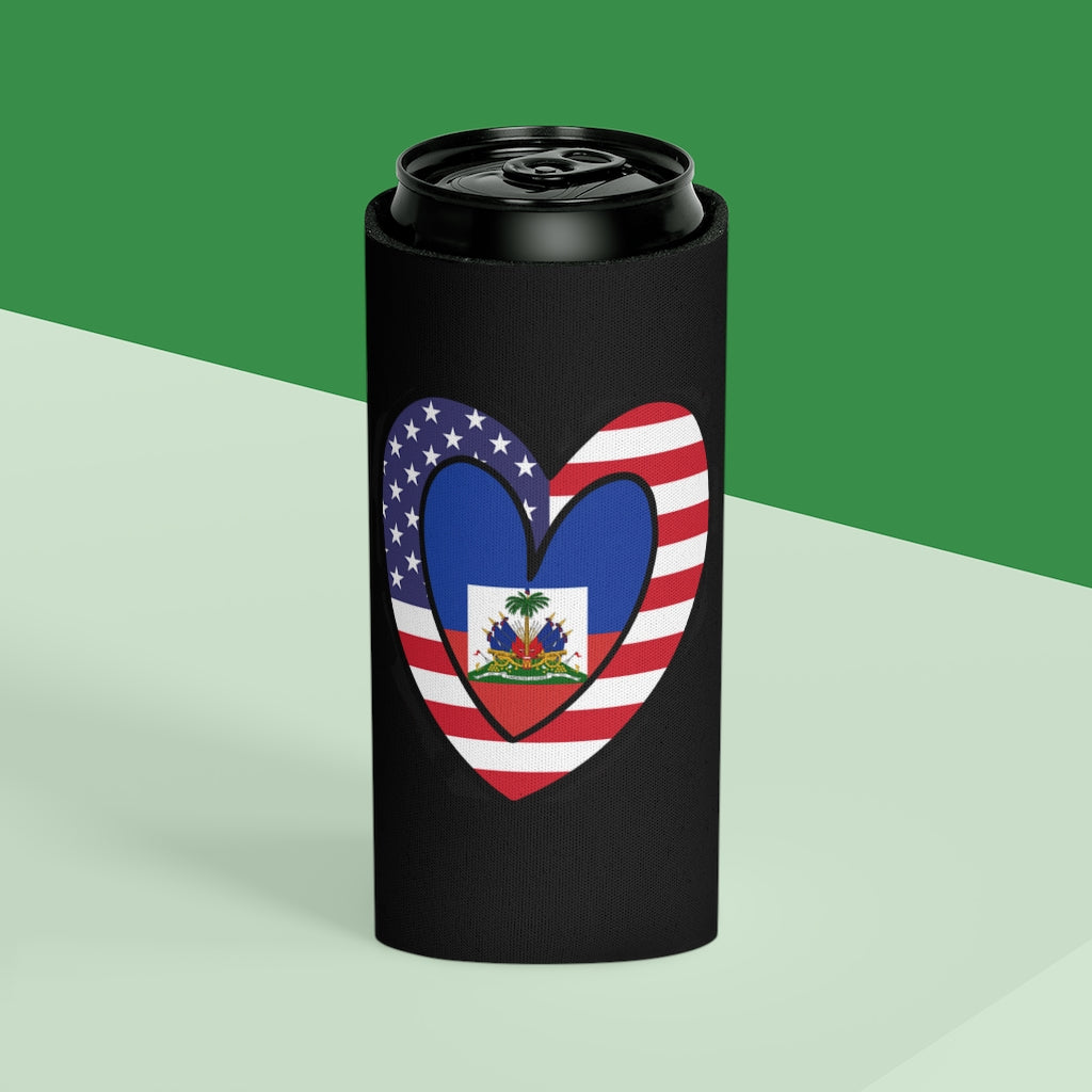 Haitian American Flag Heart Can Cooler | Haiti USA Drink Cosy