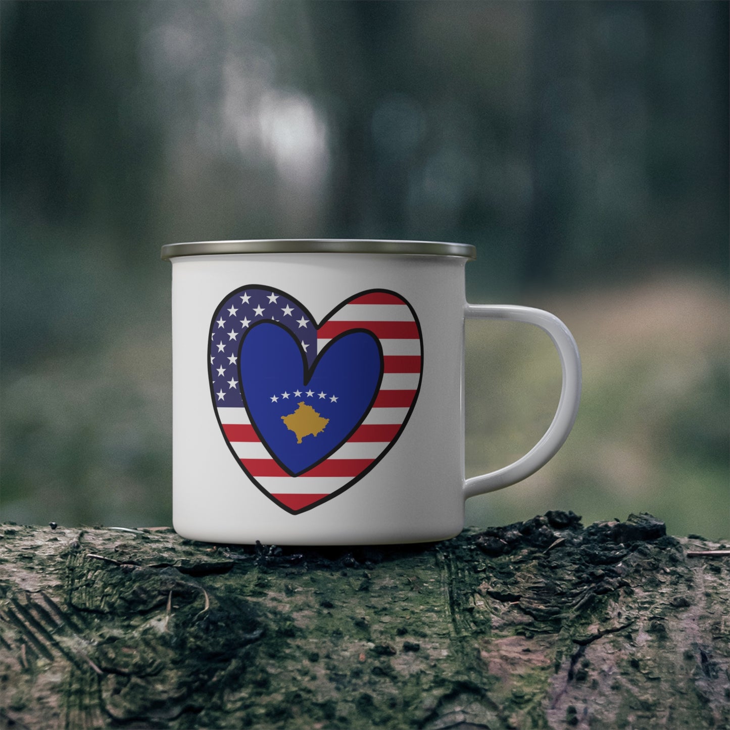 Kosovar American Heart Valentines Day Gift Half Kosovo USA Flag 12oz Enamel Mug