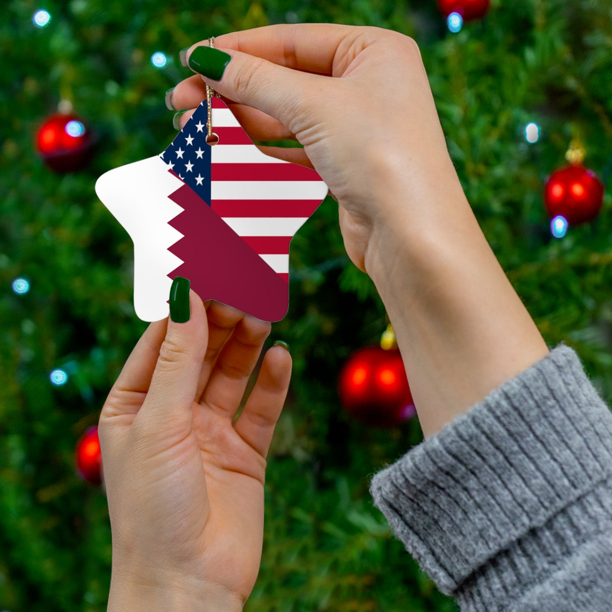 Qatar American Flag Ceramic Ornaments | Qatari USA Christmas Tree