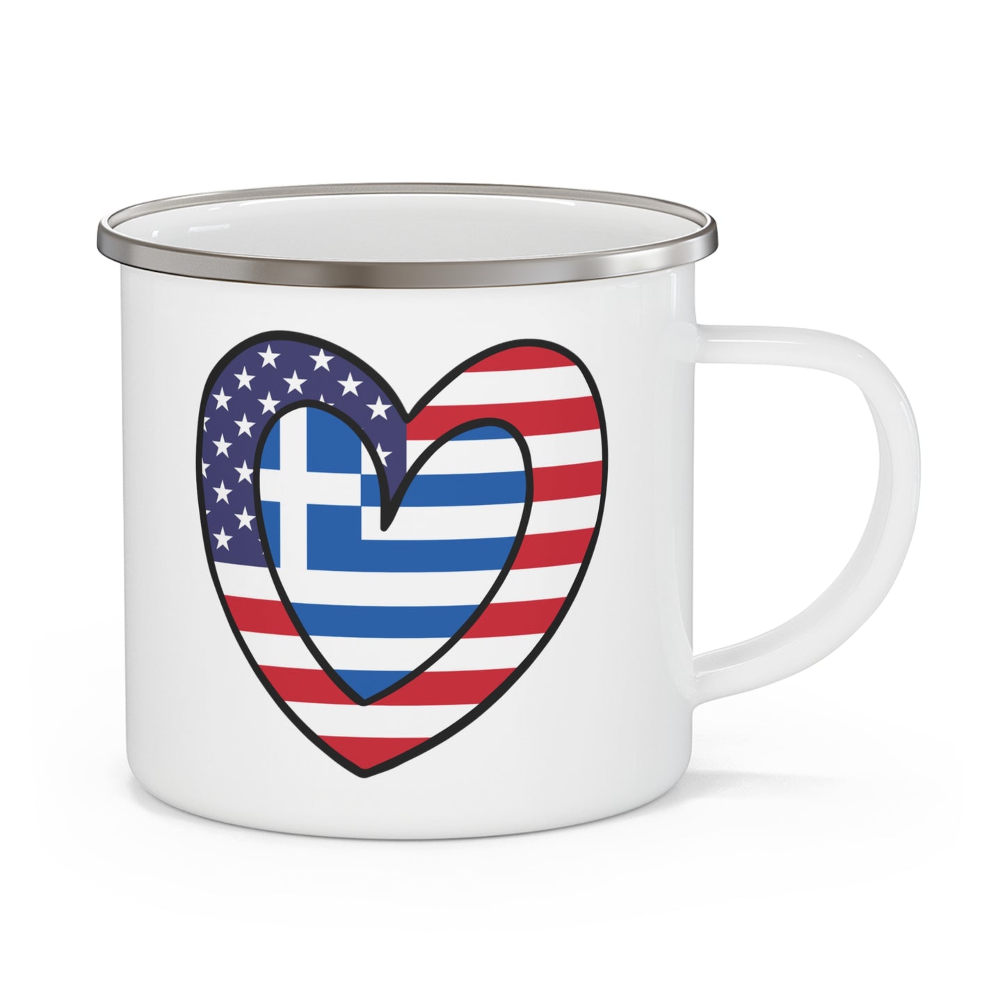 Greek American Heart Valentines Day Gift Half Greece USA Flag 12oz Enamel Mug