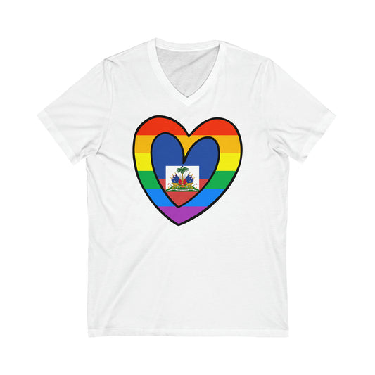 Haitian Rainbow Flag Heart Haiti Pride Month V-Neck T-Shirt | Unisex Vee Shirt