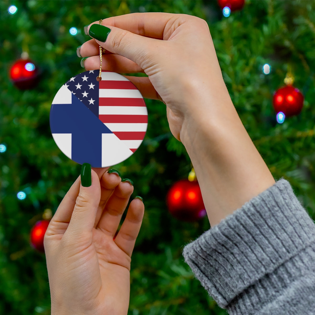 Finnish American Flag Ceramic Ornaments | Finland USA Holiday Christmas Tree