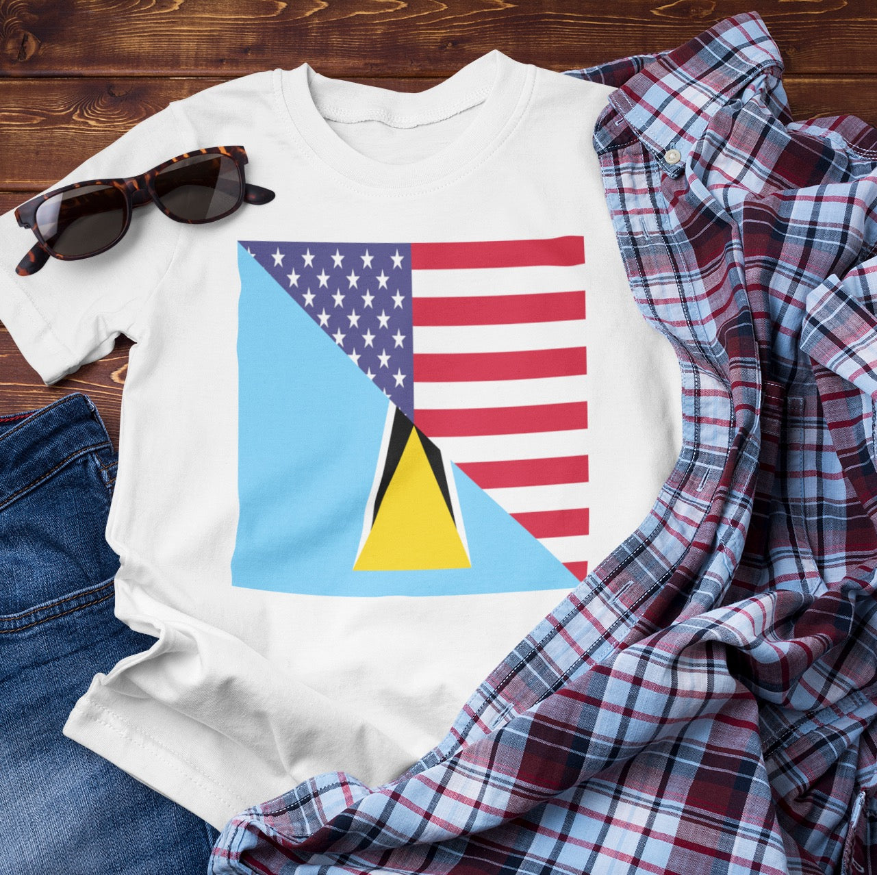 St Lucian American Flag Tee Shirt | Unisex St. Lucia USA Tshirt